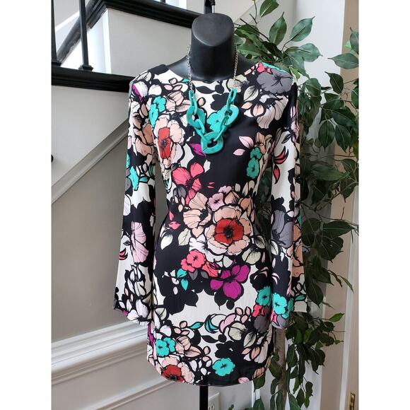 Express Shift Dress Women Size 4 Multi Floral Lined Long Sleeve Keyhole Back Zip - Picture 10 of 12